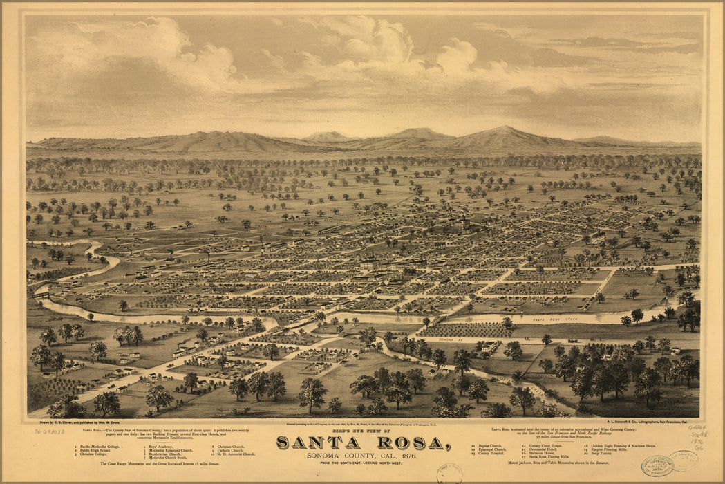 24"x36" Gallery Poster, Birdseye view map of Santa Rosa, Sonoma County, California 1876