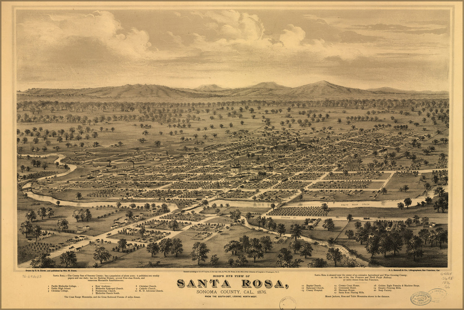 24"x36" Gallery Poster, Birdseye view map of Santa Rosa, Sonoma County, California 1876