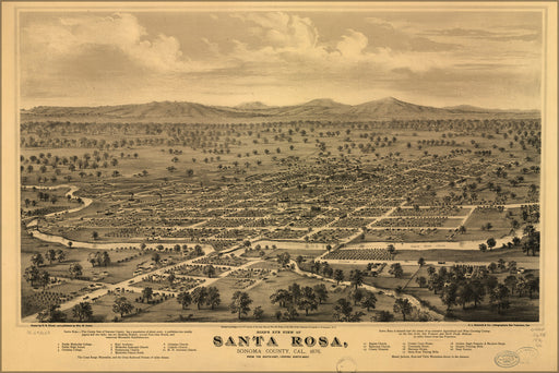24"x36" Gallery Poster, Birdseye view map of Santa Rosa, Sonoma County, California 1876