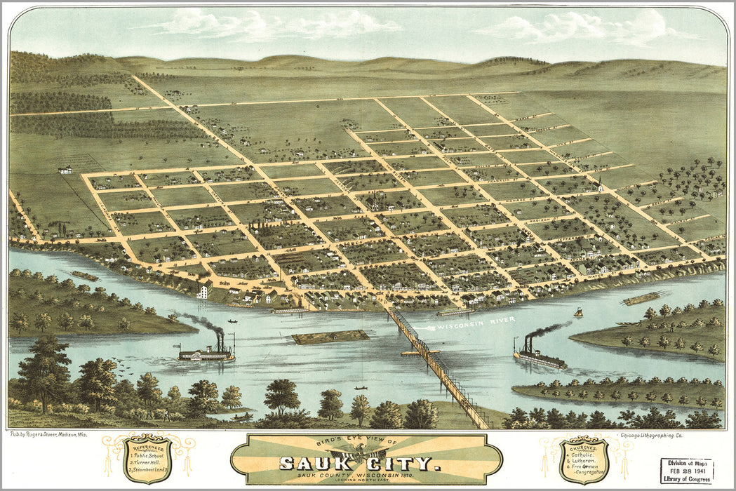 24"x36" Gallery Poster, Birdseye view map of Sauk City, Sauk County, Wisconsin 1870