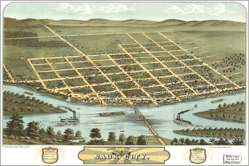 24"x36" Gallery Poster, Birdseye view map of Sauk City, Sauk County, Wisconsin 1870