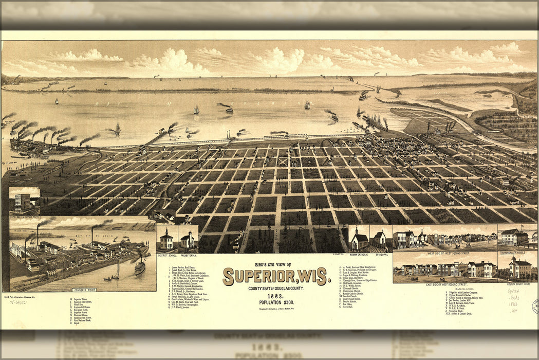 24"x36" Gallery Poster, Birdseye view map of Superior, Wisconsin 1883