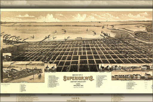 24"x36" Gallery Poster, Birdseye view map of Superior, Wisconsin 1883