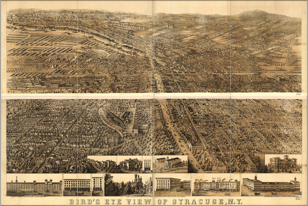 24"x36" Gallery Poster, Birdseye view map of Syracuse, New York 1868