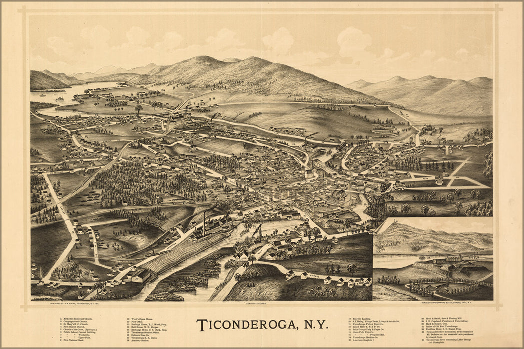 24"x36" Gallery Poster, Birdseye view map of Ticonderoga, New york 1891