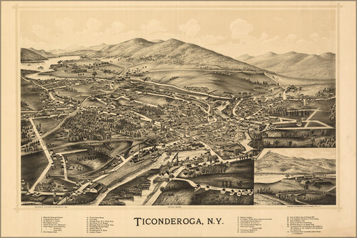 24"x36" Gallery Poster, Birdseye view map of Ticonderoga, New york 1891