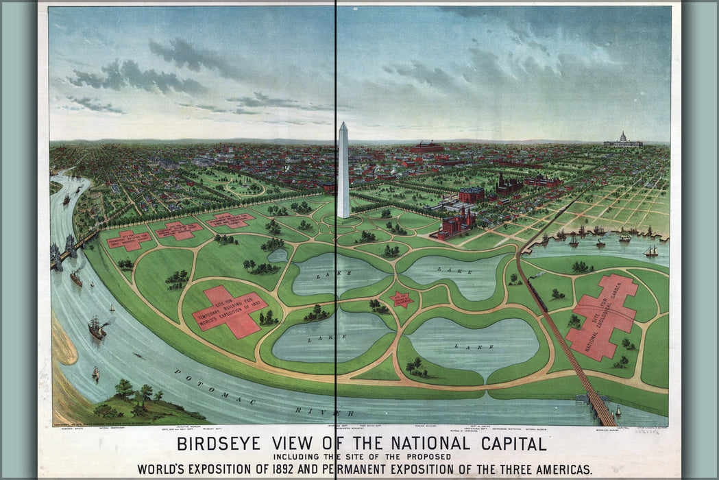 24"x36" Gallery Poster, Birdseye view map of Washington D.C. site of the proposed World's Exposition of 1892