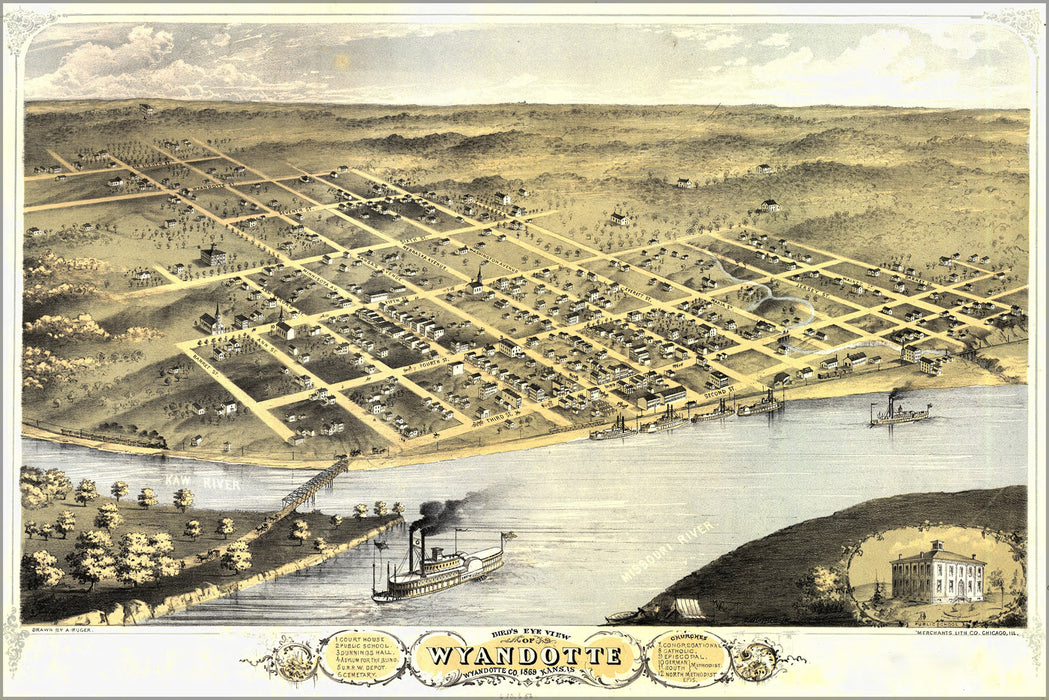 24"x36" Gallery Poster, Birdseye view map of Wyandotte, Kansas 1869