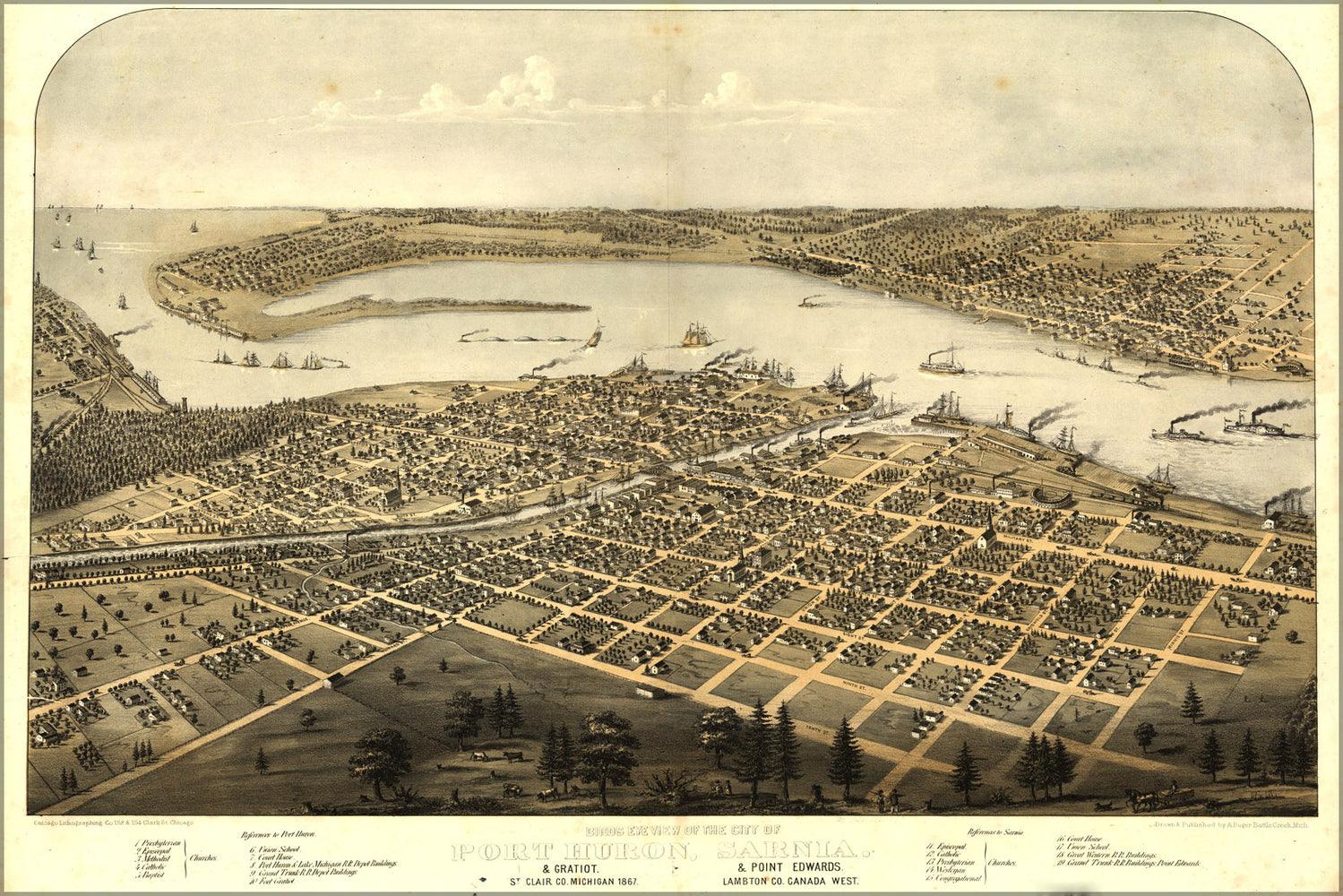 24"x36" Gallery Poster, Birdseye view map of the city of Port Huron, Sarnia & Gratiot, St. Clair Co., Michigan 1867