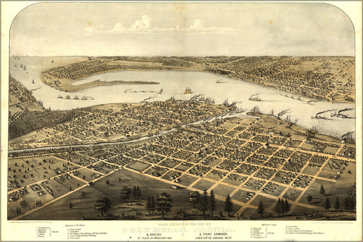 24"x36" Gallery Poster, Birdseye view map of the city of Port Huron, Sarnia & Gratiot, St. Clair Co., Michigan 1867