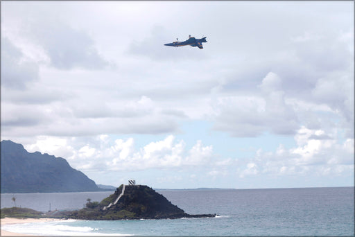 24"x36" Gallery Poster, Blue Angel number 5, of the U.S. Navy flight demonstration Squadron, soars upside down over Pyramid Rock Beach at