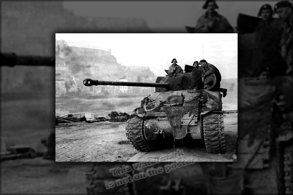 24"x36" Gallery Poster, British Sherman Firefly tank in Namur on the Meuse River, December 1944