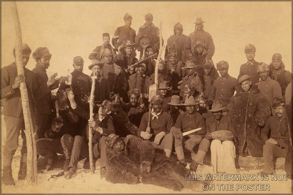 24"x36" Gallery Poster, Buffalo soldiers of the 25th Infantry, some wearing buffalo robes, Ft. Keogh, Montana c1890
