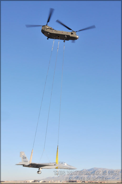 24"x36" Gallery Poster, CH-47 chinook lifts an F-15 to a training installation at Creech Air Force Base
