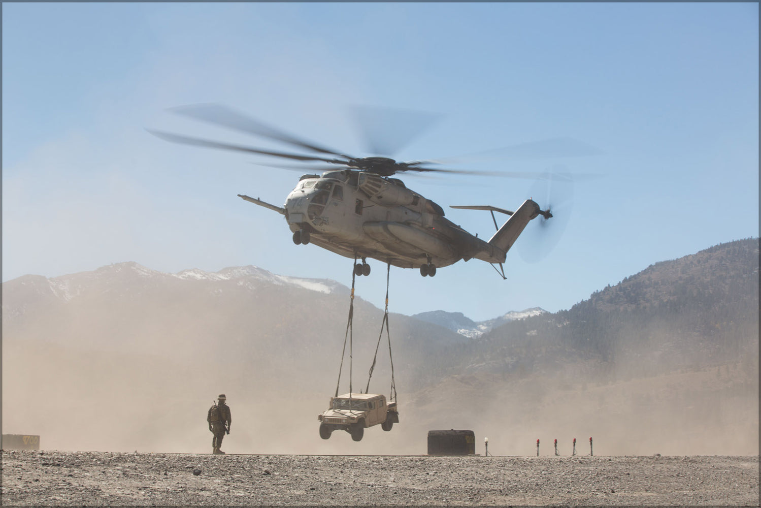 24"x36" Gallery Poster, CH-53E Super Stallion helicopter transports humvee