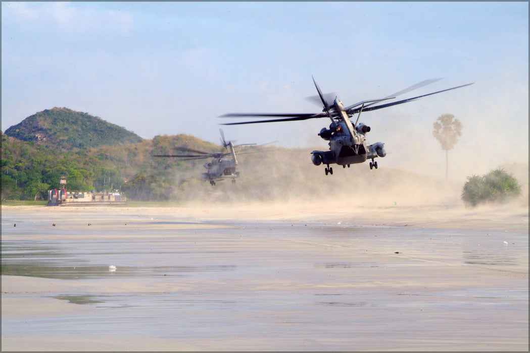 24"x36" Gallery Poster, CH-53E Super Stallion helicopters land on the beach in Thailand