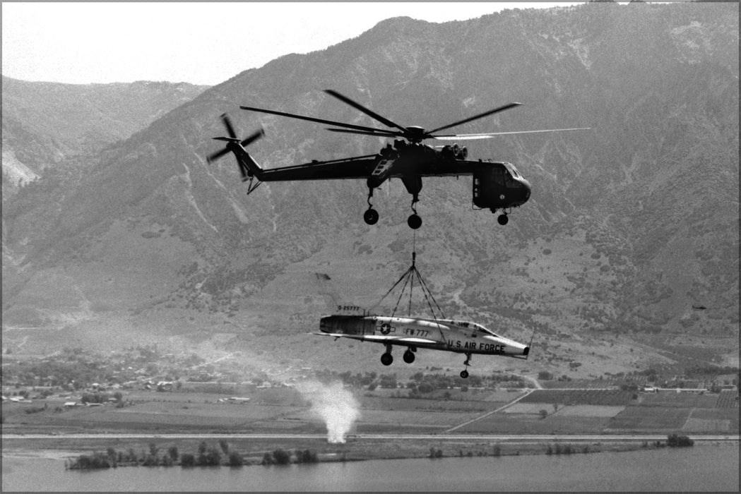 24"x36" Gallery Poster, CH-54 Tarhe helicopter lifting an F-100 super sabre