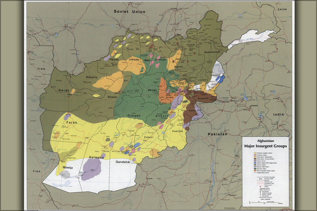 24"x36" Gallery Poster, CIA Map of Afghanistan major insurgent groups 1985