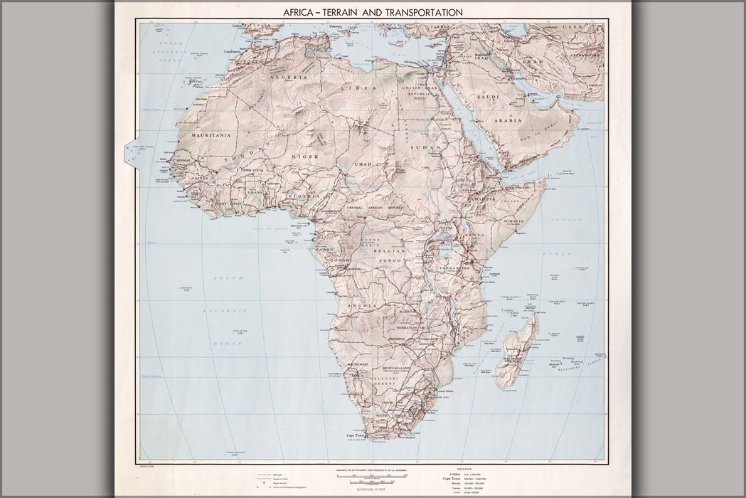 24"x36" Gallery Poster, CIA Map of Africa, terrain 1959