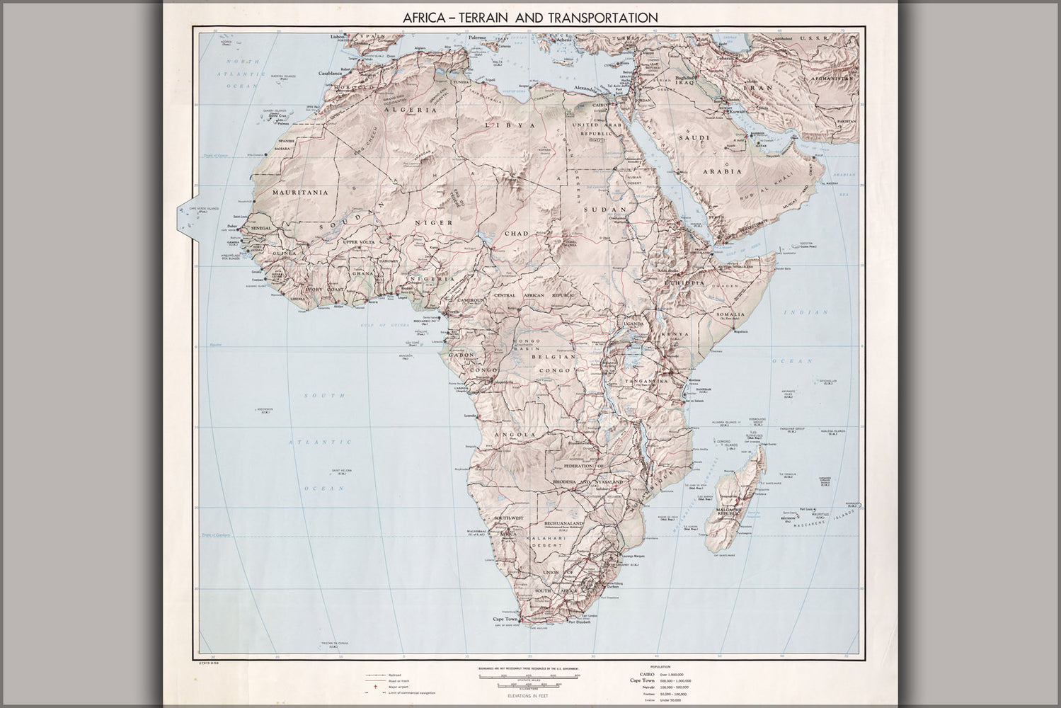 24"x36" Gallery Poster, CIA Map of Africa, terrain 1959