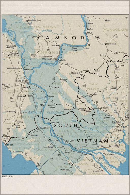 24"x36" Gallery Poster, CIA Map of Cambodia and South Vietnam 1970