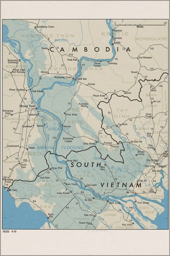 24"x36" Gallery Poster, CIA Map of Cambodia and South Vietnam 1970