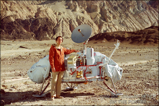 24"x36" Gallery Poster, Carl Sagan with a model of the Viking Lander probes which would land on Mars. Sagan examined possible l