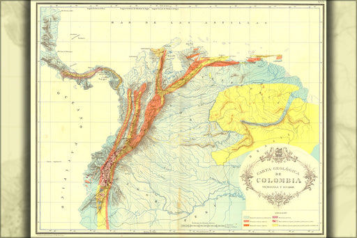 24"x36" Gallery Poster, Carta geologica de Colombia, Venezuela y Ecuador map 1890