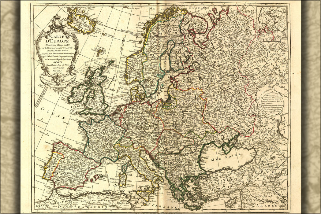 24"x36" Gallery Poster, Carte d'Europe map of europe 1769, england france germany