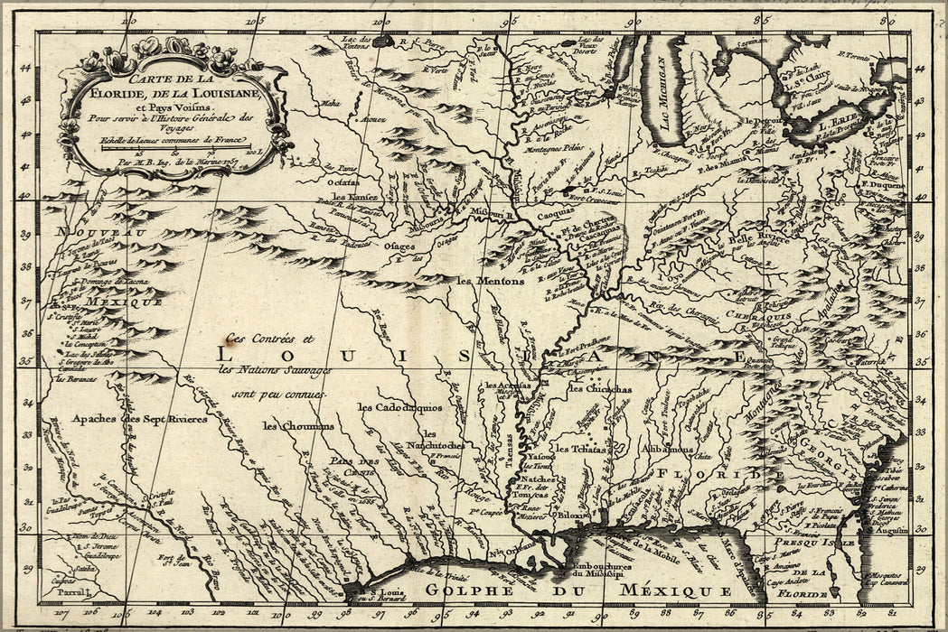 24"x36" Gallery Poster, Carte de la Florida, de la Louisiana map 1780