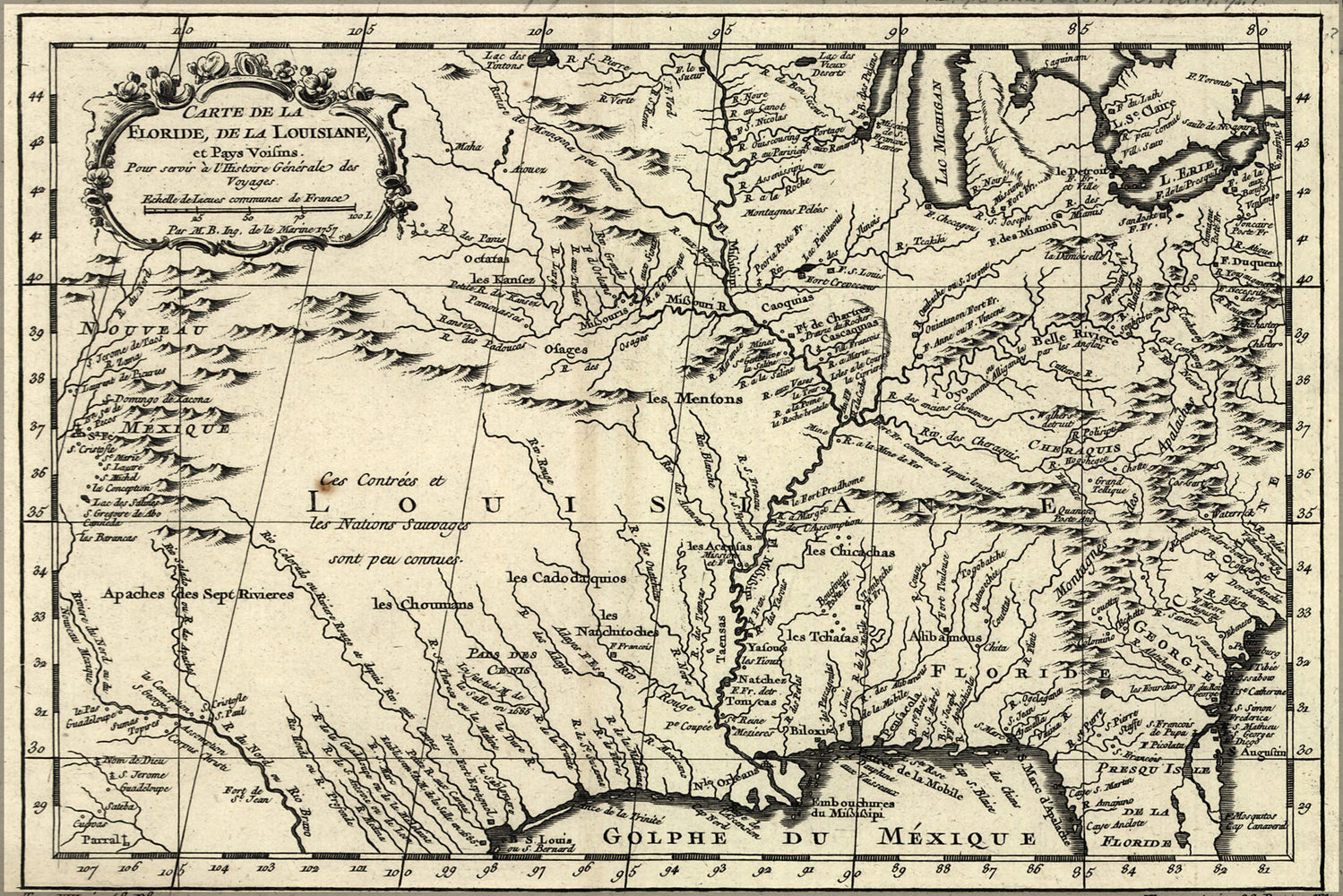 24"x36" Gallery Poster, Carte de la Florida, de la Louisiana map 1780