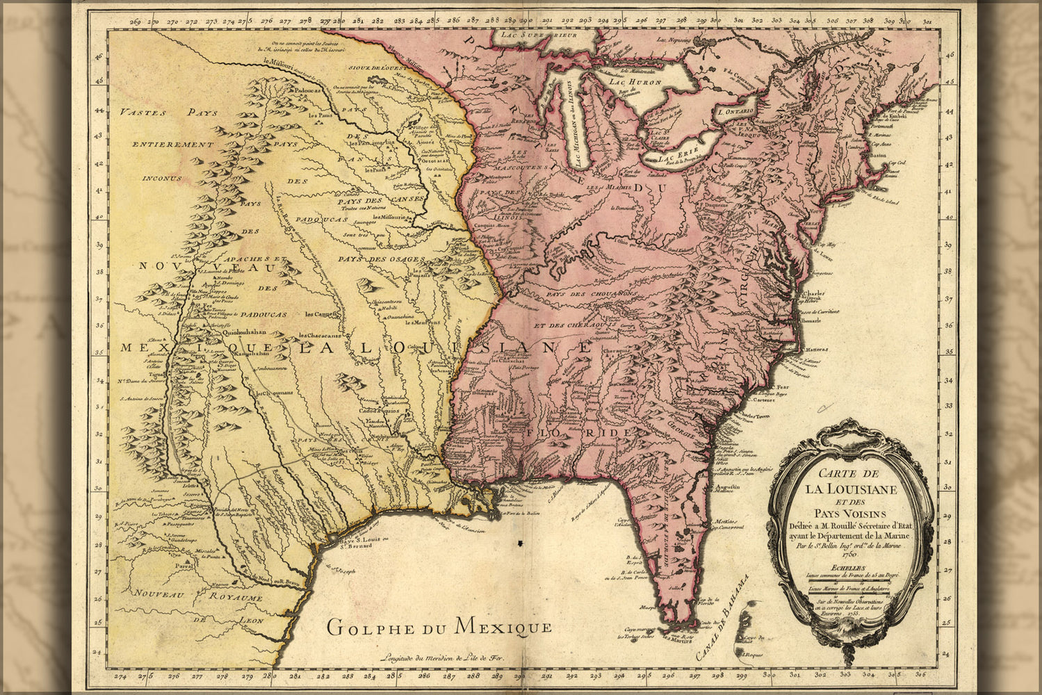 24"x36" Gallery Poster, Carte de la Louisiana map 1763