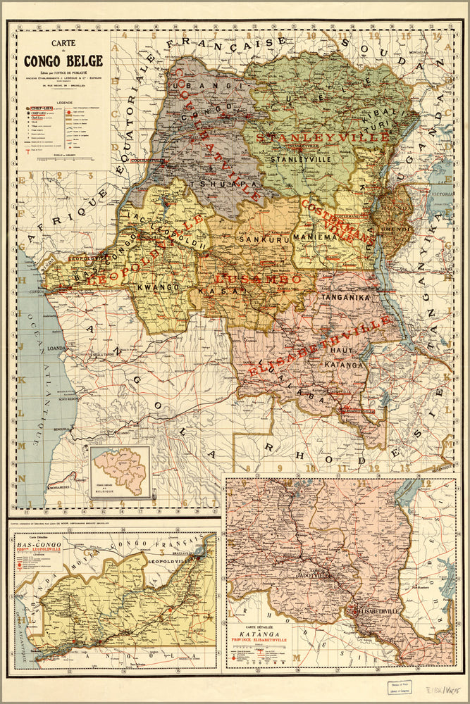 24"x36" Gallery Poster, Carte du Congo Belge map of belgium congo 1886