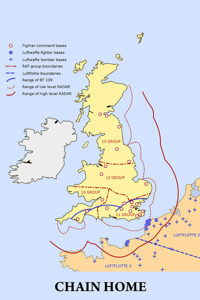 24"x36" Gallery Poster, Chain Home radar cover, bases and group boundaries battle of britain