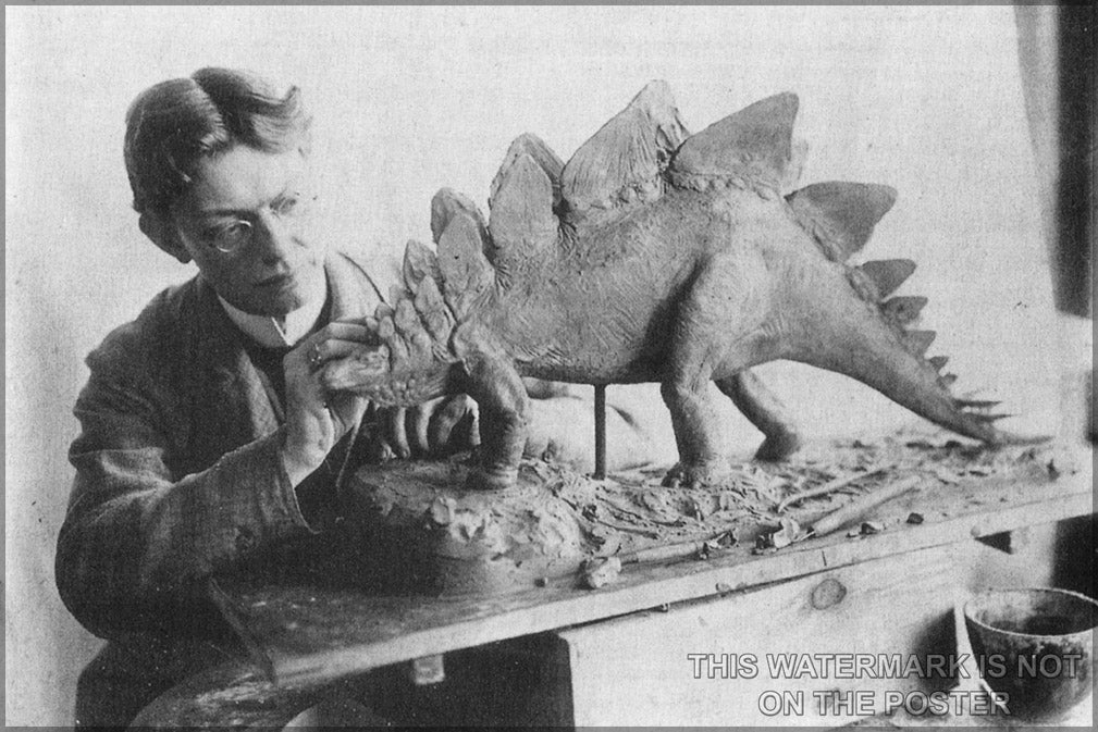 24"x36" Gallery Poster, Charles R. Knight working on Stegosaurus in 1899 paleo art