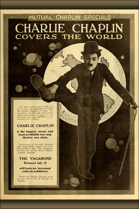 24"x36" Gallery Poster, Charlie Chaplin Covers the World 1916