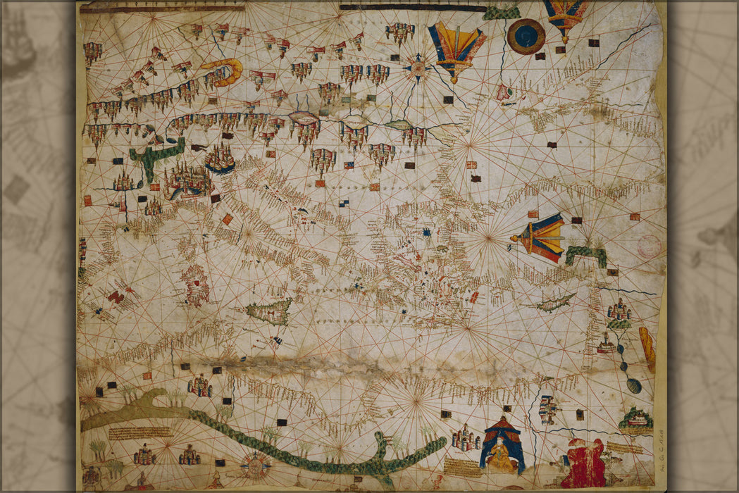 24"x36" Gallery Poster, Chart Map of Mediterranean Sea 15th century
