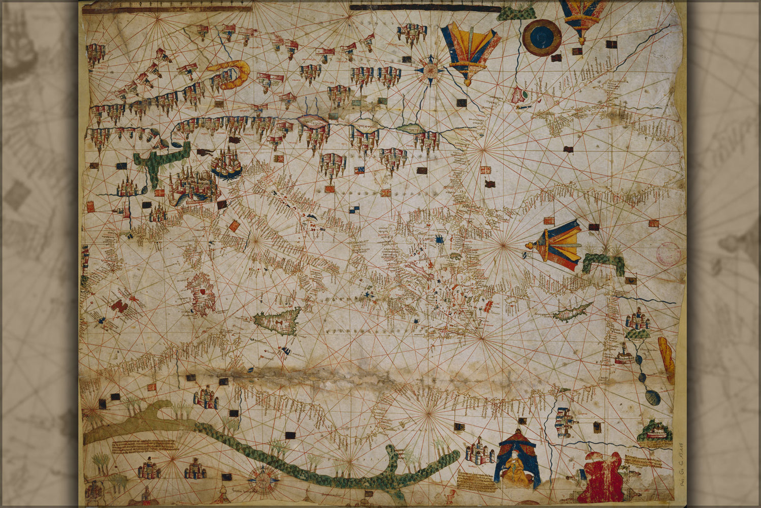 24"x36" Gallery Poster, Chart Map of Mediterranean Sea 15th century