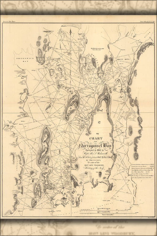 24"x36" Gallery Poster, Chart map of Narraganset Bay, 1832