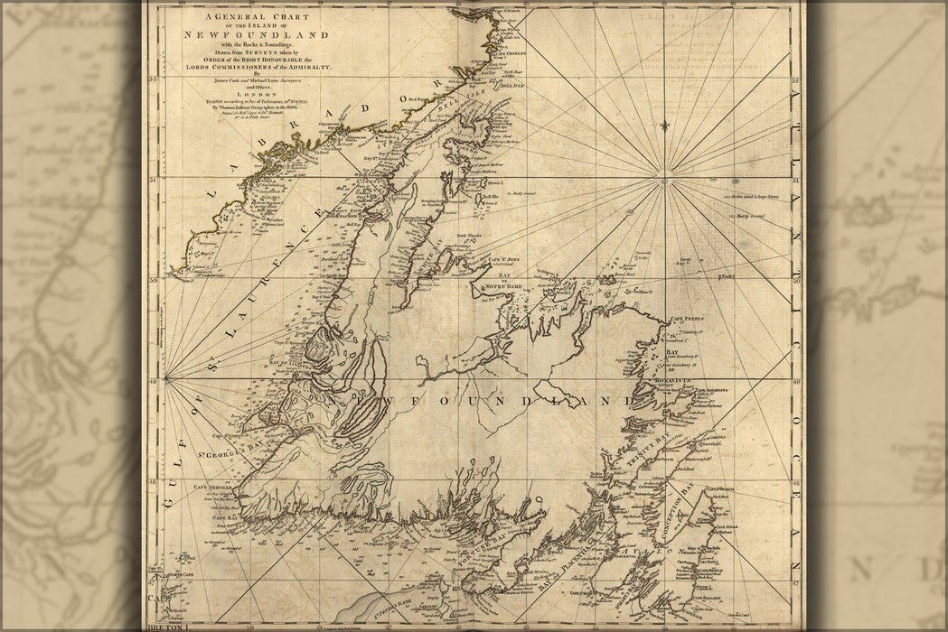24"x36" Gallery Poster, Chart map of New Foundland canada 1777