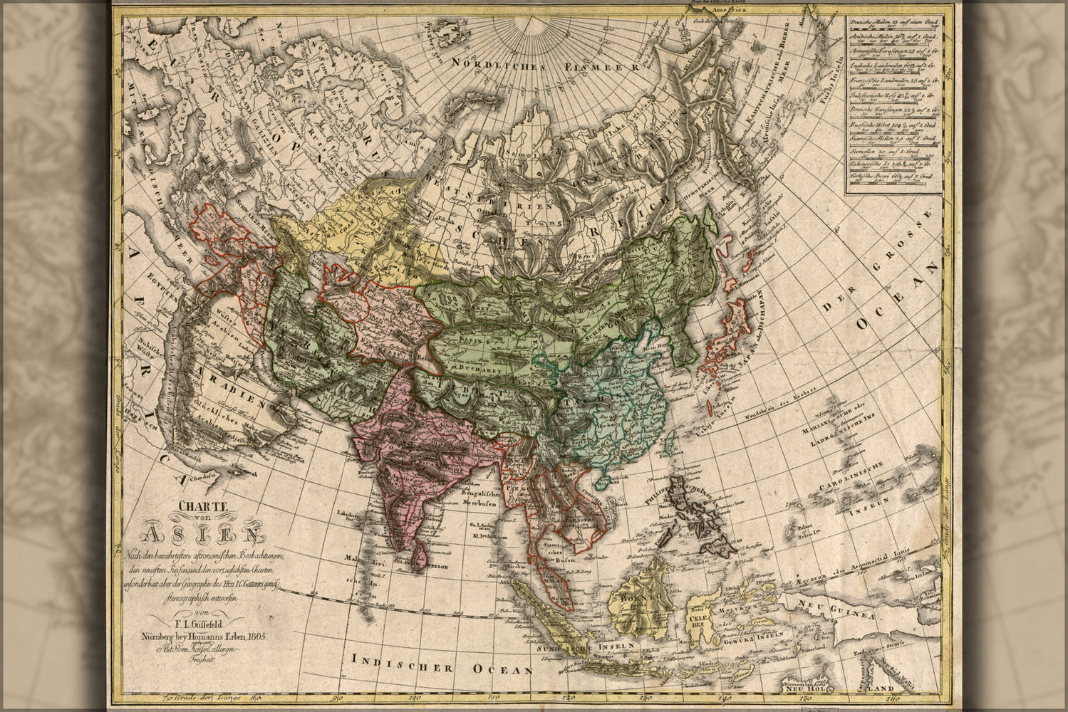24"x36" Gallery Poster, Charte von Asia map 1805 china india russia japan