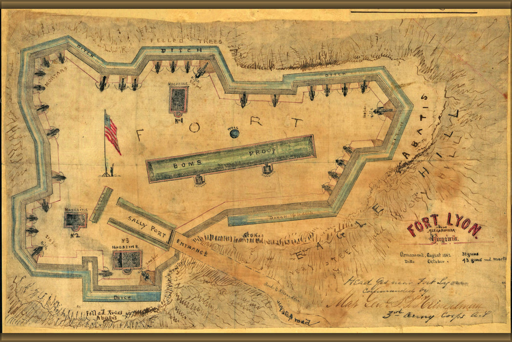 24"x36" Gallery Poster, Civil War Map c1862 of Fort Lyon located on Eagle Hill in Alexandria, Virginia (reproduction)
