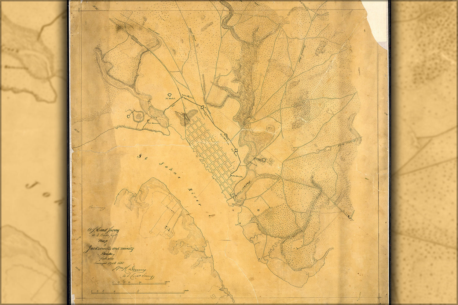 24"x36" Gallery Poster, Civil War Map of Jacksonville and vicinity, Florida, (showing defenses). Surveyed April 1864. (reproduction)