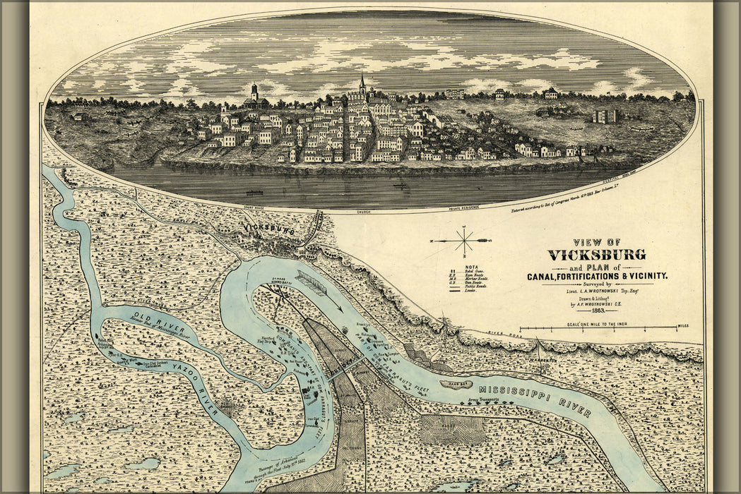 24"x36" Gallery Poster, Civil war map and View of Vicksburg 1863