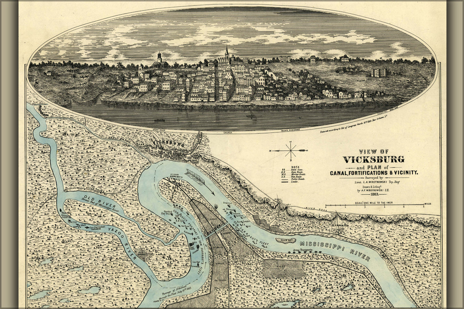 24"x36" Gallery Poster, Civil war map and View of Vicksburg 1863