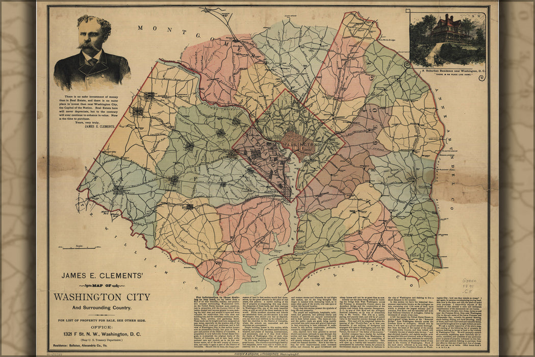 24"x36" Gallery Poster, Clements map of Washington DC and area 1891