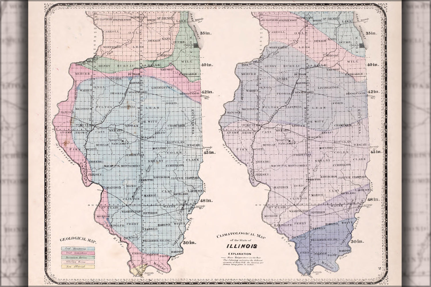 24"x36" Gallery Poster, Climatological map of Illinois 1870