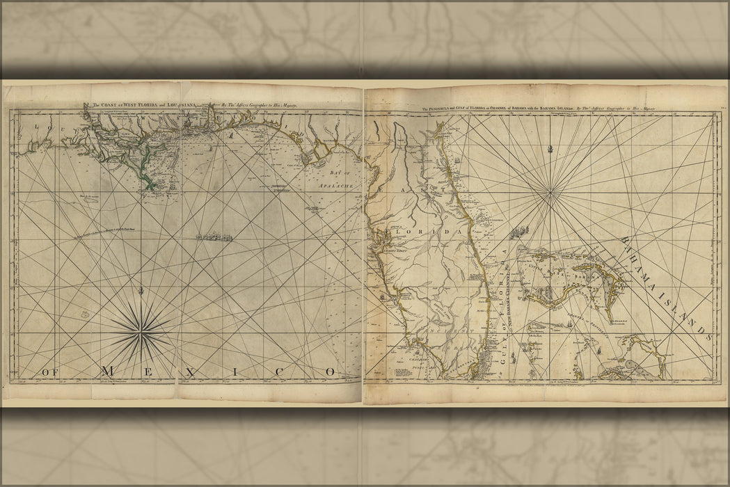 24"x36" Gallery Poster, Coast map Florida & Louisiana & Bahamas 1777
