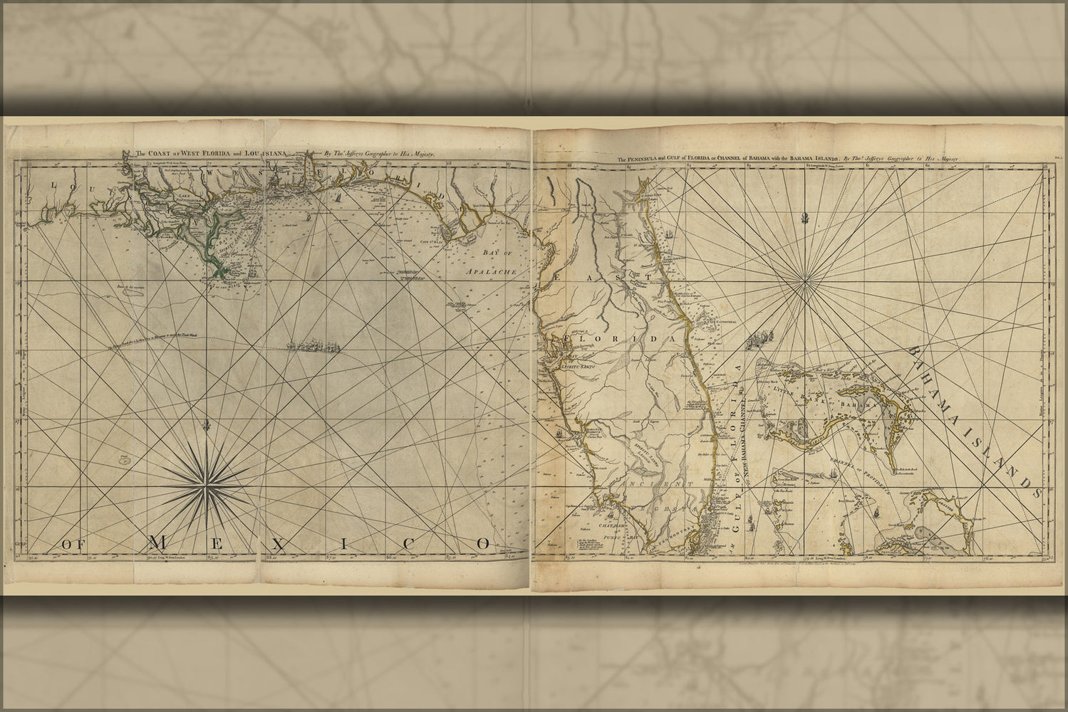 24"x36" Gallery Poster, Coast map Florida & Louisiana & Bahamas 1777