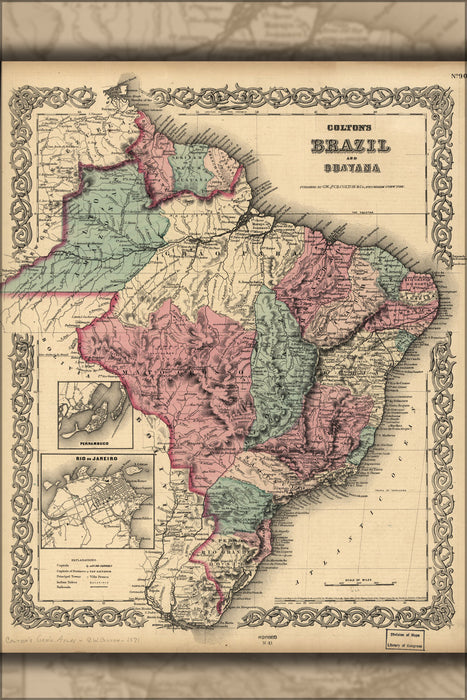 24"x36" Gallery Poster, Colton's map of Brazil with Guyana 1871